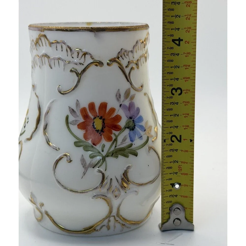 🤍🌸✨ Antique Victorian Milk Glass Vase – Floral Design w/ Gold Gilding ✨🌸🤍